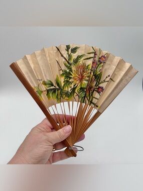 Vintage Taiwan Bamboo Folding Fan Hand Painted Floral 14.5" Wide